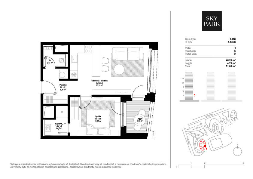 Predané: 2 izbový byt v Sky parku, I Veža, 6 nadzemné podlažie, úžitková 46,28 m2 ,Loggia 4,75m2, parkovanie-17