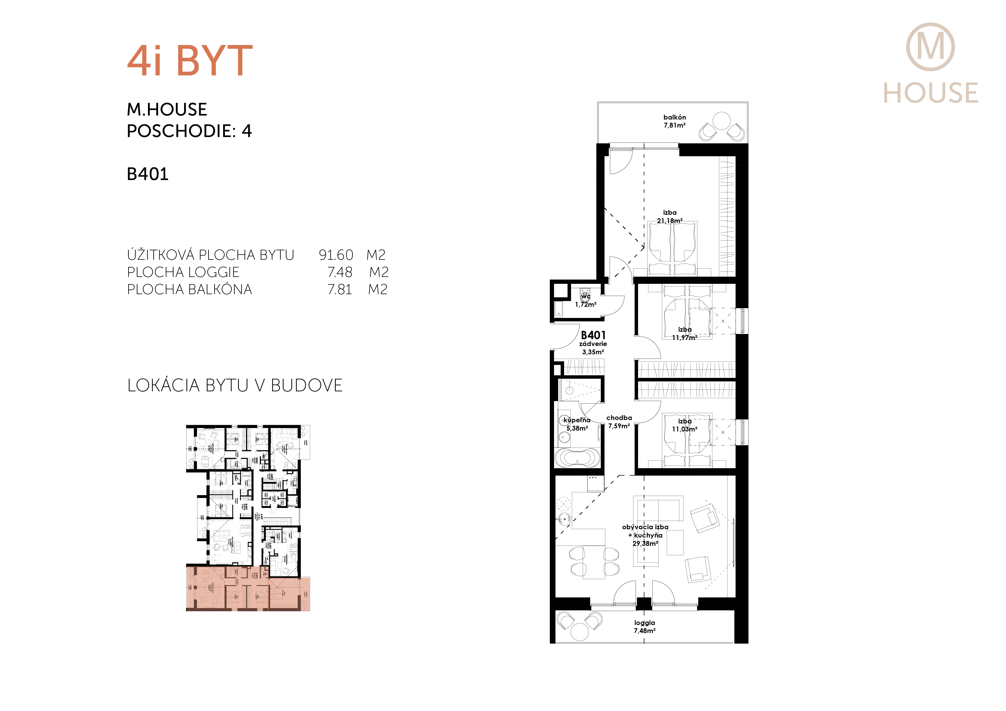 NOVOSTAVBA 4 IZBOVÝ BYT, MALACKY CENTRUM, úžitková 91,44M2, 2x LOGGIA 15M2-13