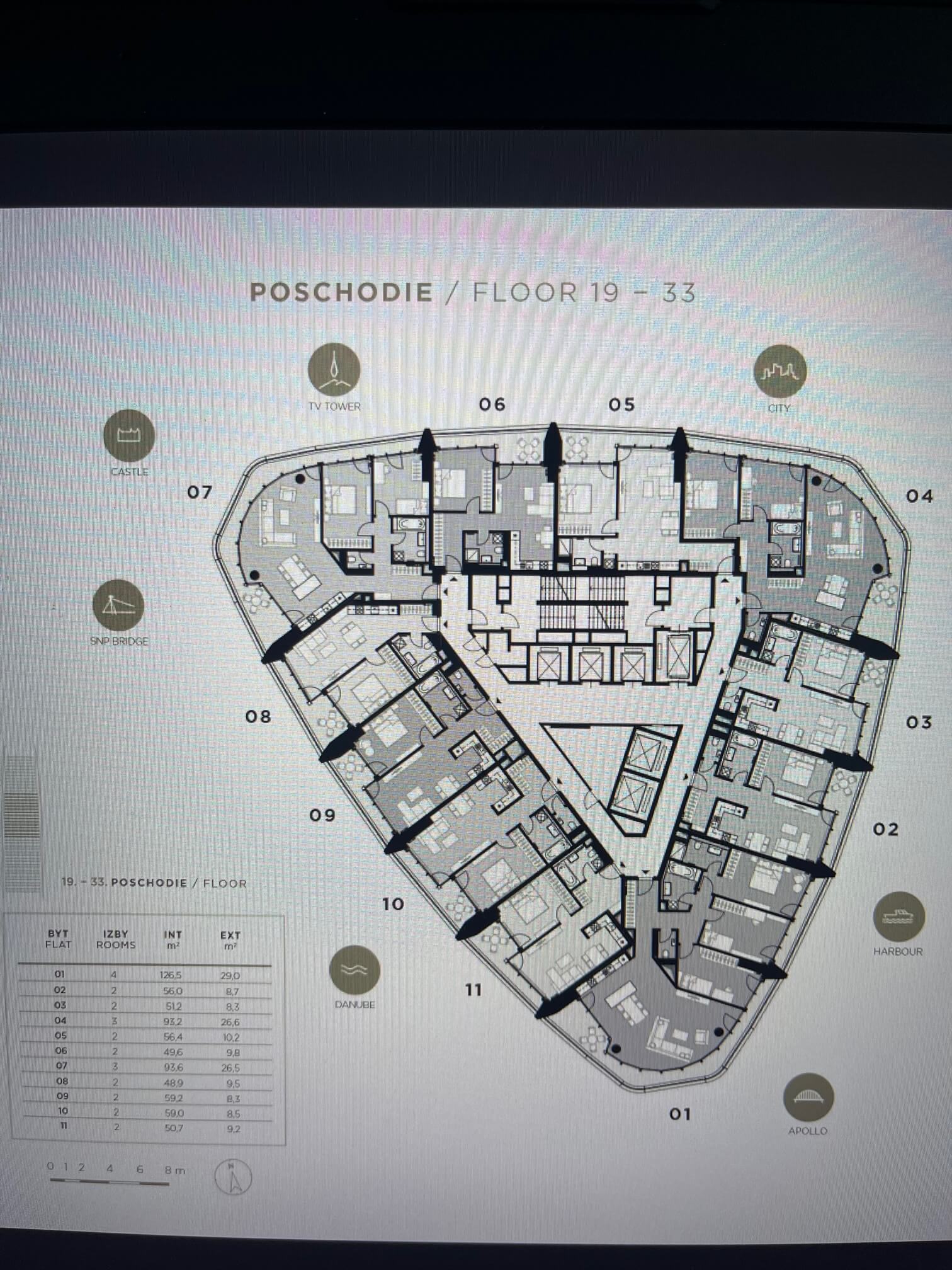 2 Izbový byt,  Eurovea Tower, 56,4m2 úžitková, loggia 10,2m2, 33 poschodie, kobka 3,10 m2, Garážové miesto-16